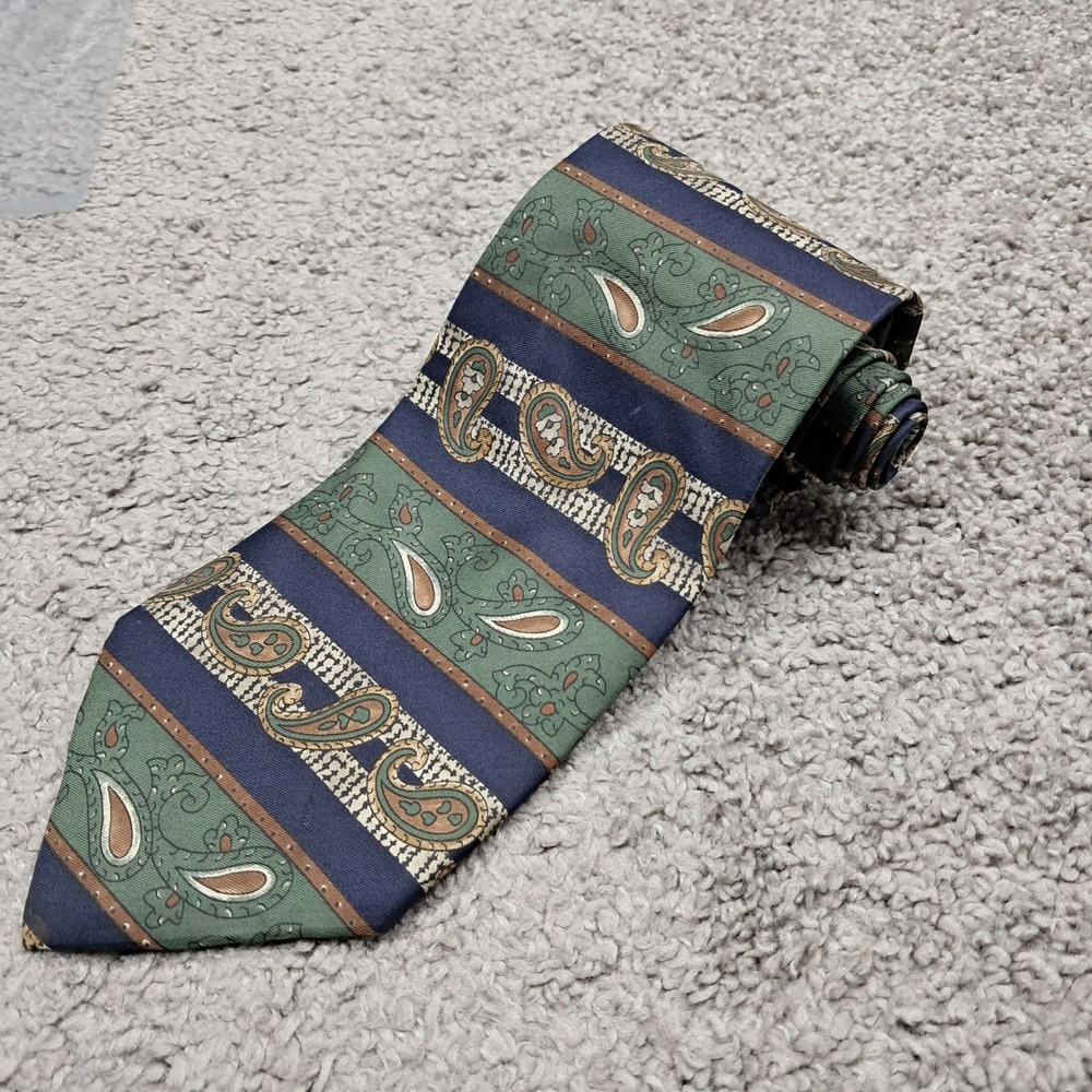 Requirements Mens Silk Necktie Navy Blue Green Paisley Striped Made in USA‎